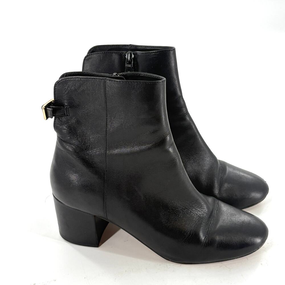 Cole Haan Buckle Ankle Boots 7.5 Black Leather Heel Academia Capsule Minimalist